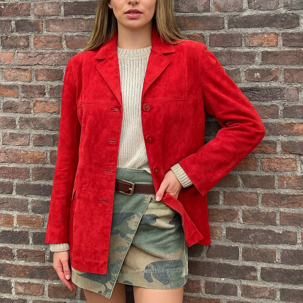 Red Suede Blazer‎ Jacket Women Size S Button Front Leather